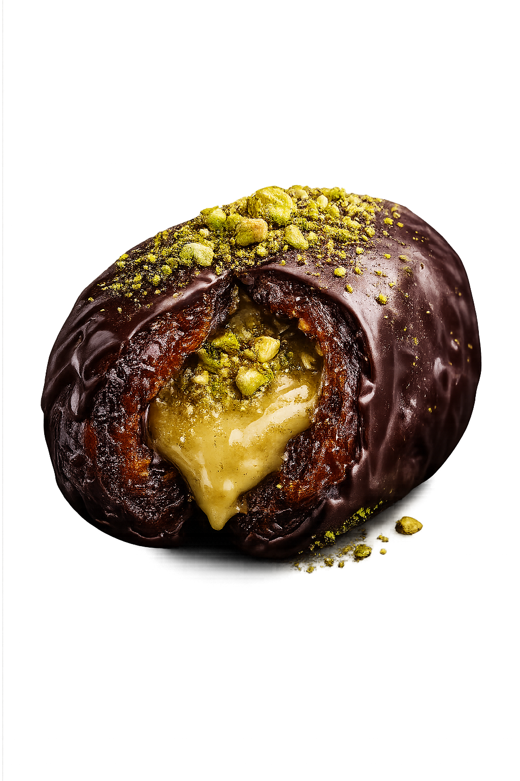 Pistachio creme dark chocolate covered stuffed medjool dates.