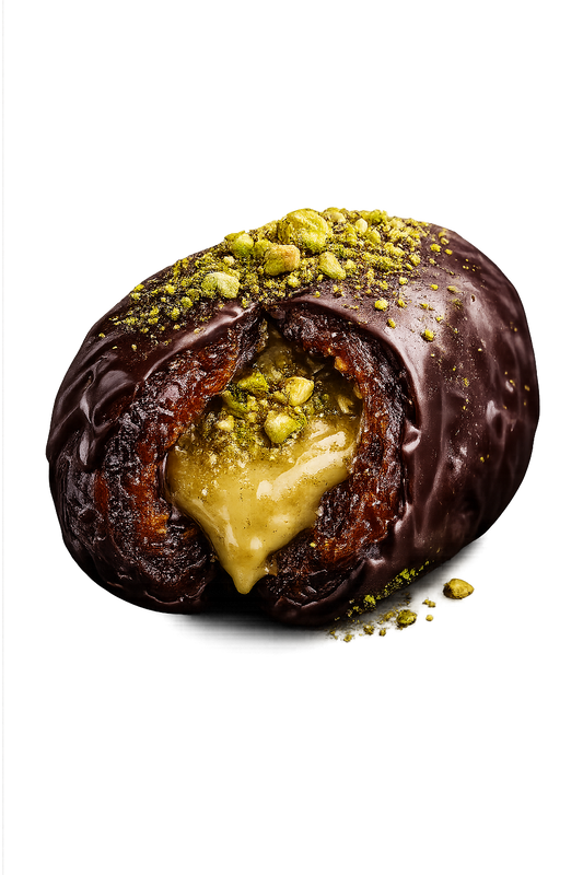 Pistachio creme dark chocolate covered stuffed medjool dates.